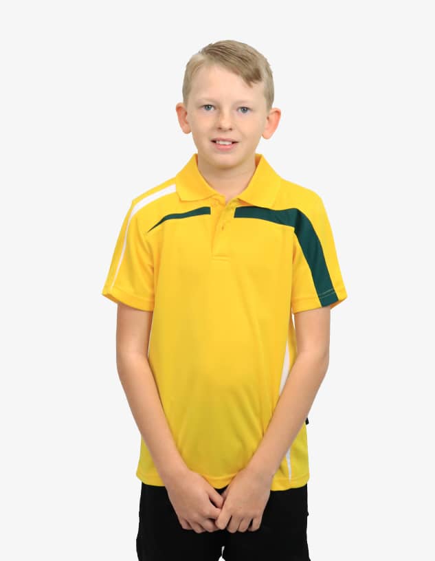 A yellow polo shirt featuring green accents and a logo. Suitable for casual wear.