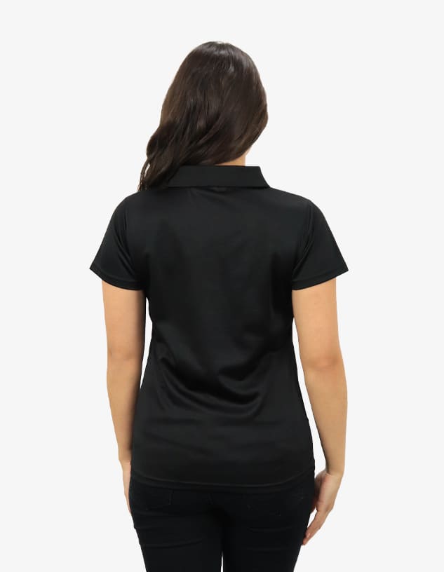 A black polo shirt displayed from the back, featuring short sleeves and a collar. It has a logo on the side.
