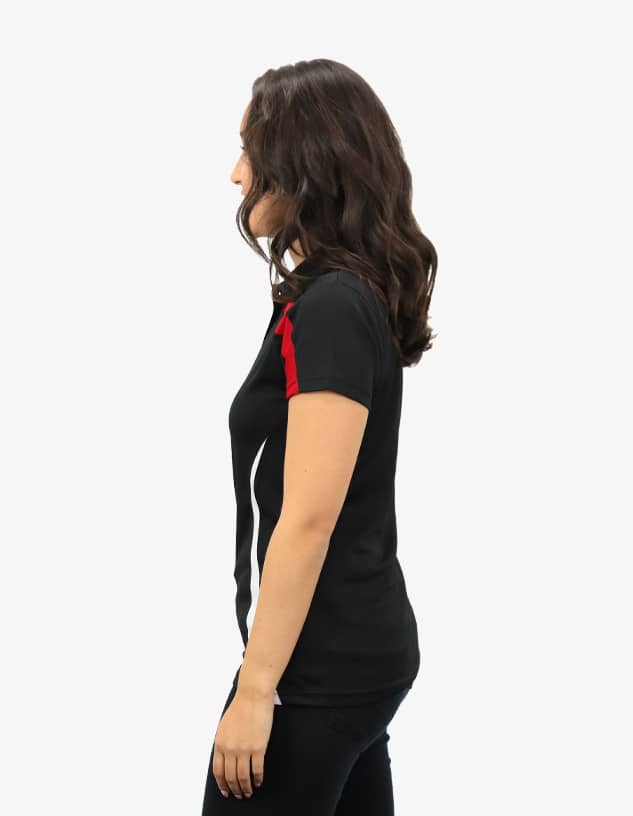 A polo shirt in black with red and white accents, featuring a fitted design and a logo.