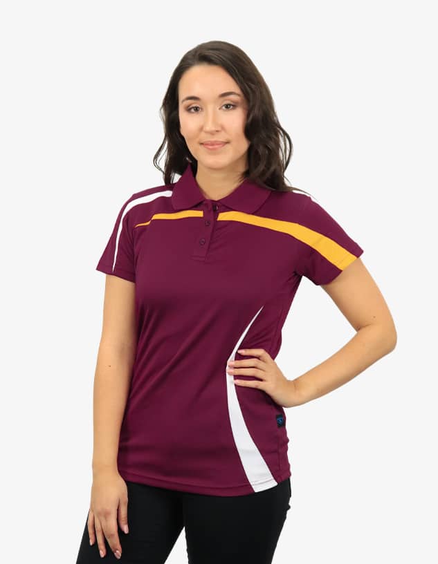 A burgundy polo shirt with white and yellow accents, featuring a logo. The shirt is modelled by a woman.