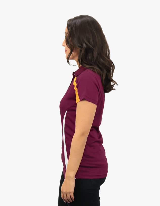 A maroon polo shirt with yellow accents and a logo, displayed on a model in profile.