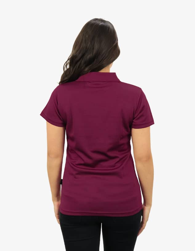 A maroon polo shirt with a fitted design and short sleeves, featuring a branding logo on the upper back.