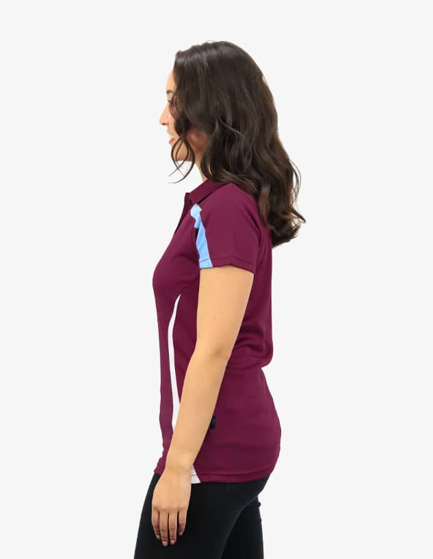 A polo shirt in maroon with light blue and white accents, featuring a logo on the left side.