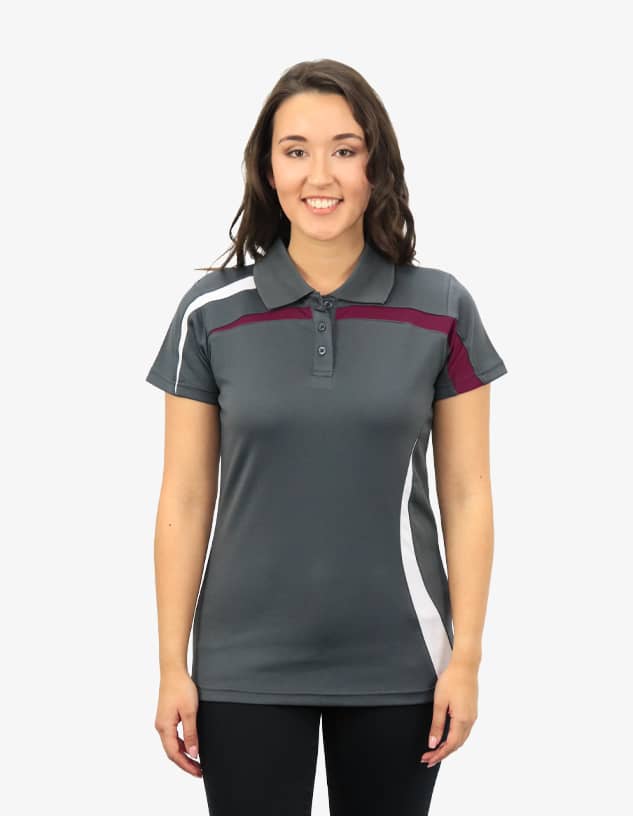 A grey polo shirt with white and maroon accents, featuring a collar and three buttons, worn by a smiling woman.