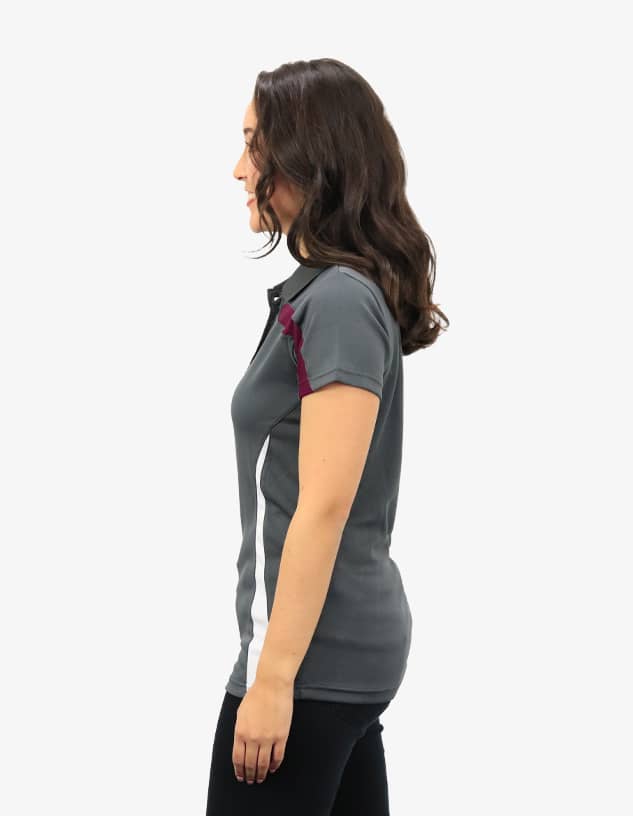 A grey polo shirt with maroon accents, featuring a logo on the chest, displayed on a female model.