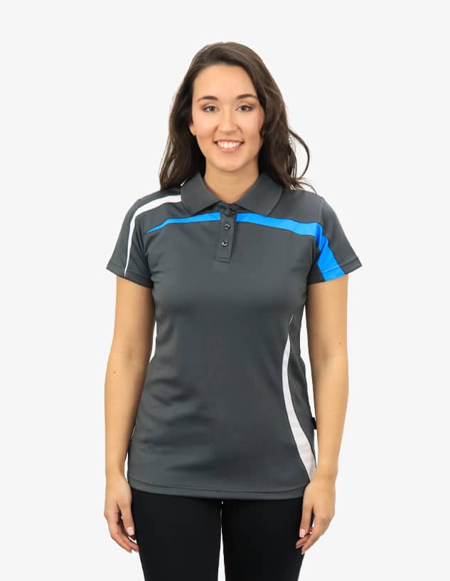 A grey polo shirt with blue and white accents, featuring a collar and button front. Includes a logo.