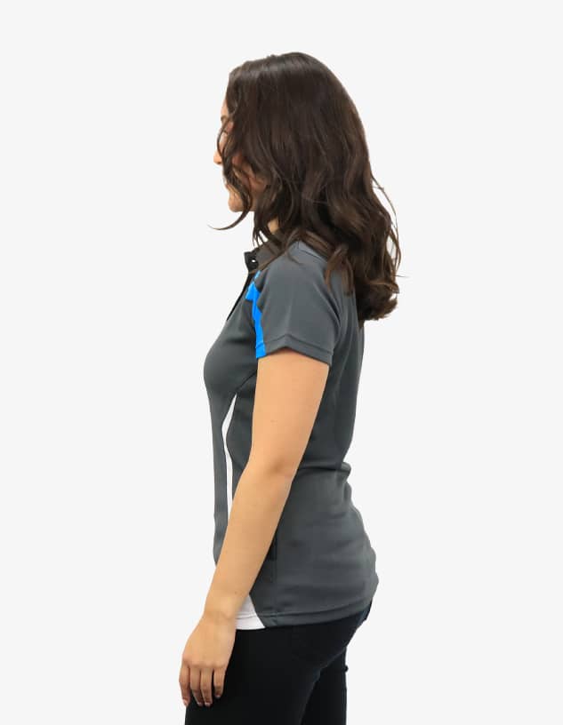 A grey polo shirt with blue accents, featuring fitted styling and a logo.