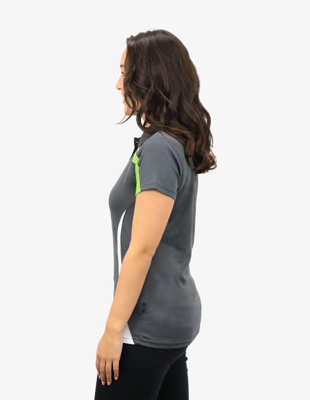 A grey polo shirt featuring green accents, displayed on a model from a side angle. It has a logo.