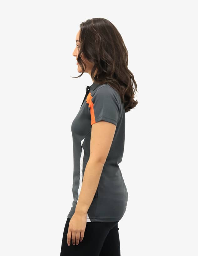 A grey polo shirt with orange and white accents, featuring a logo on the chest area.