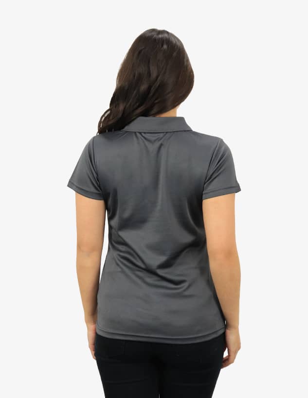 A grey polo shirt viewed from the back, featuring a collar and short sleeves. Branding is visible.