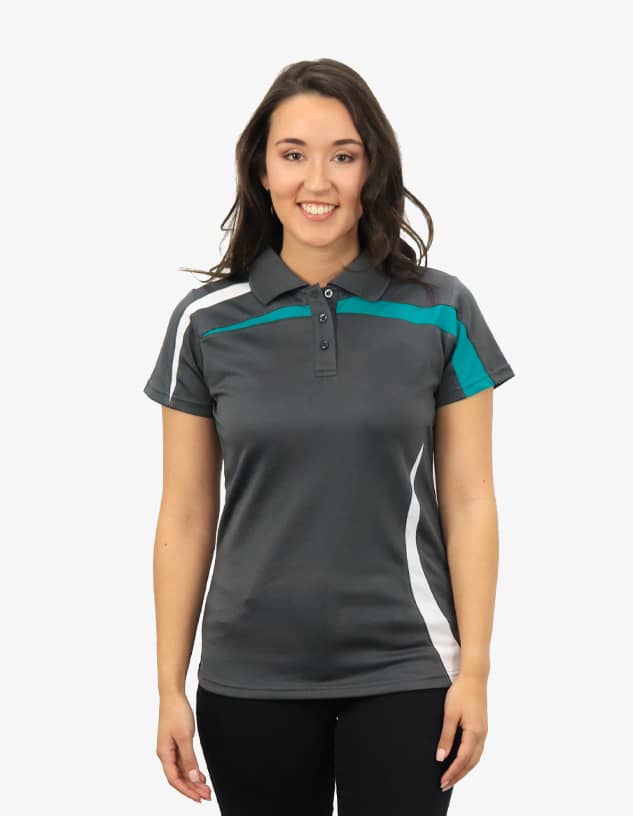 A women's grey polo shirt featuring teal and white accents, with a logo on the chest.