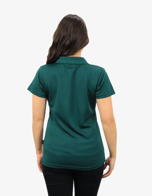 A green polo shirt displayed from the back, featuring short sleeves and a fitted design. It has a logo on the chest area.