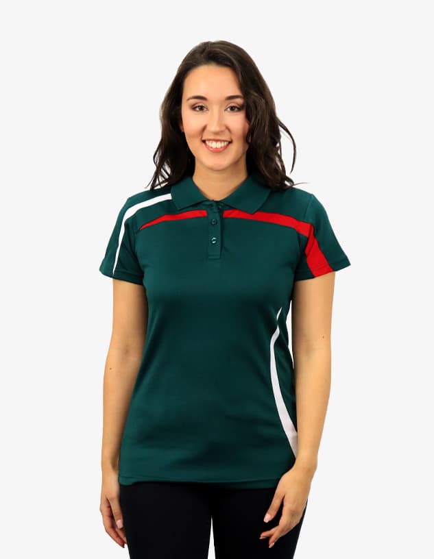A green polo shirt featuring red and white accents, designed for women's wear. It includes a branding logo.