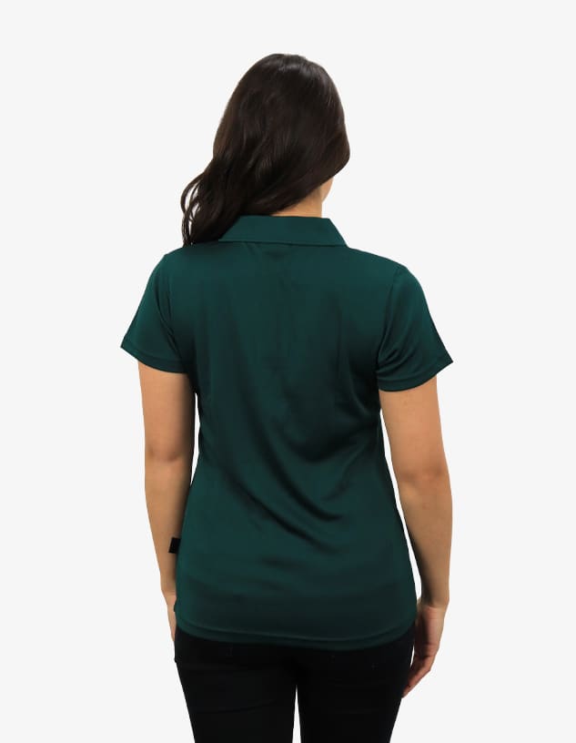 A dark green polo shirt with a collar, featuring a fitted design, viewed from the back.