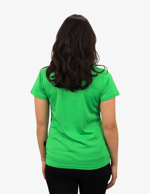 A green polo shirt displayed from the back, featuring a fitted design and short sleeves.