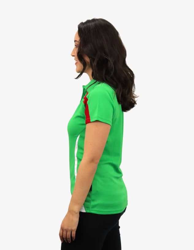 A green polo shirt with red accents, featuring a logo on the chest. The shirt has a sporty, fitted style.