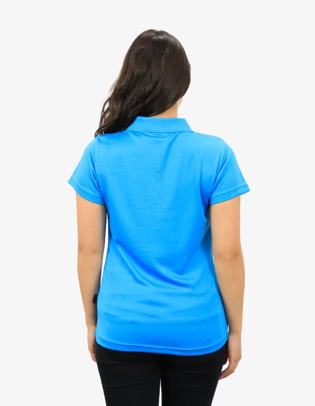 A blue polo shirt with a short sleeve design, featuring a logo on the side.