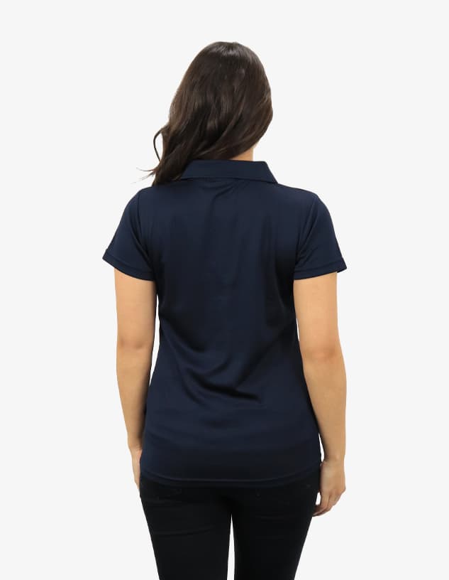 A navy polo shirt featuring a slim fit with short sleeves and a collar, displaying a logo on the back.