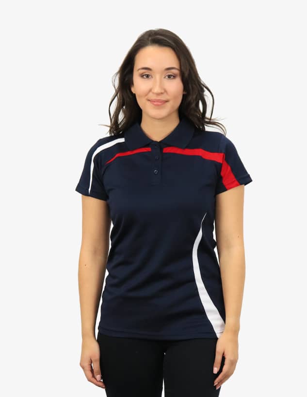 A navy polo shirt with white and red accents, featuring a logo. The model poses against a plain background.