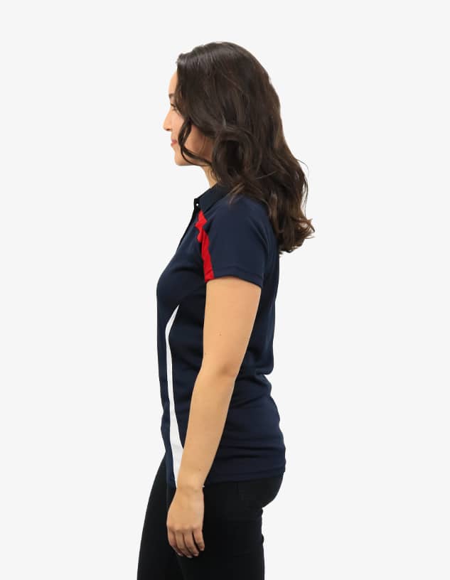A navy polo shirt featuring red and white accents, with a logo on the chest.