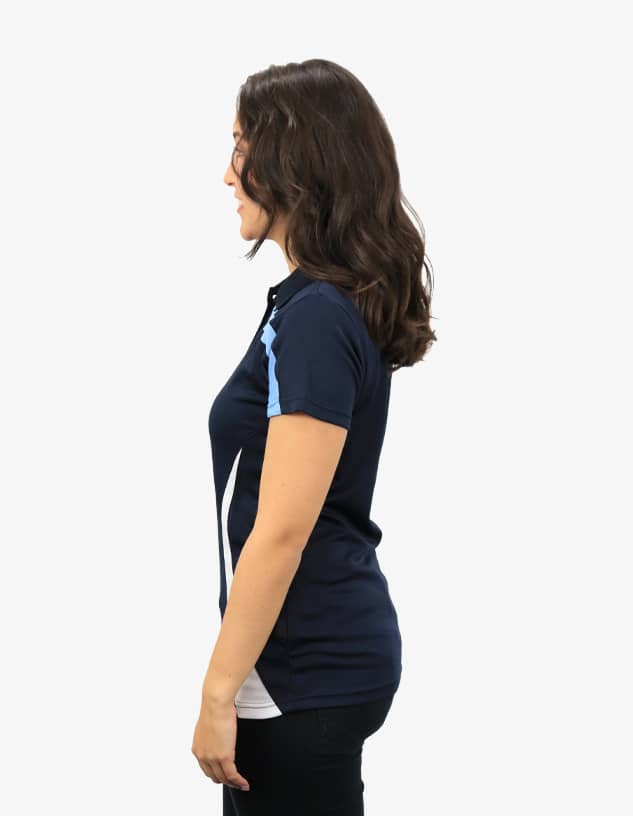 A polo shirt in navy blue with light blue accents, featuring a logo on the chest.