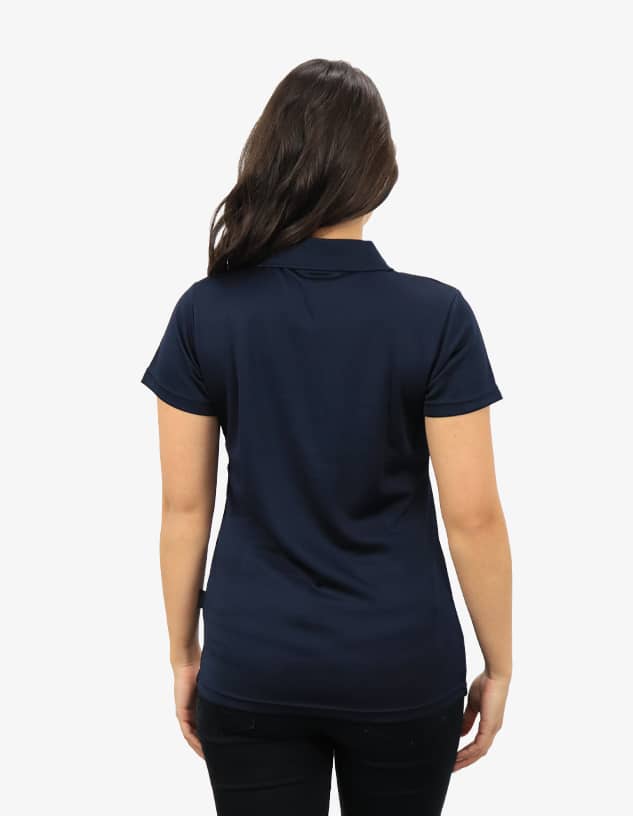 A navy polo shirt displayed from the back, featuring a collar and short sleeves. It has a logo on the side.