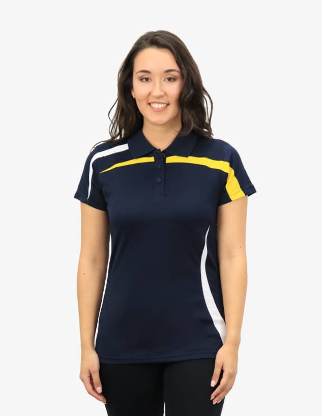 A navy blue polo shirt with yellow and white accents, featuring a collar and a logo.