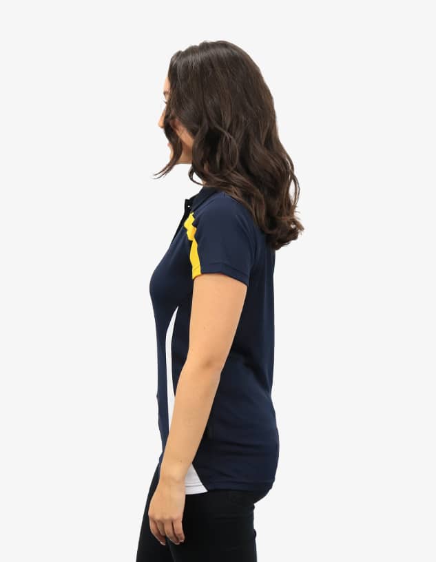 A polo shirt in navy blue with yellow and white detailing, featuring a logo on the chest.