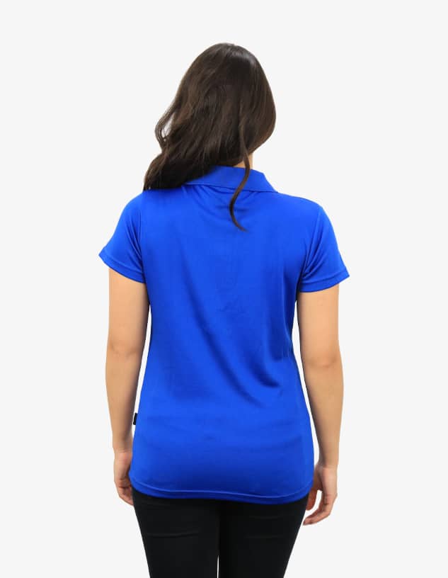 A blue polo shirt featuring a classic collar and short sleeves, displayed from the back. It has a logo.