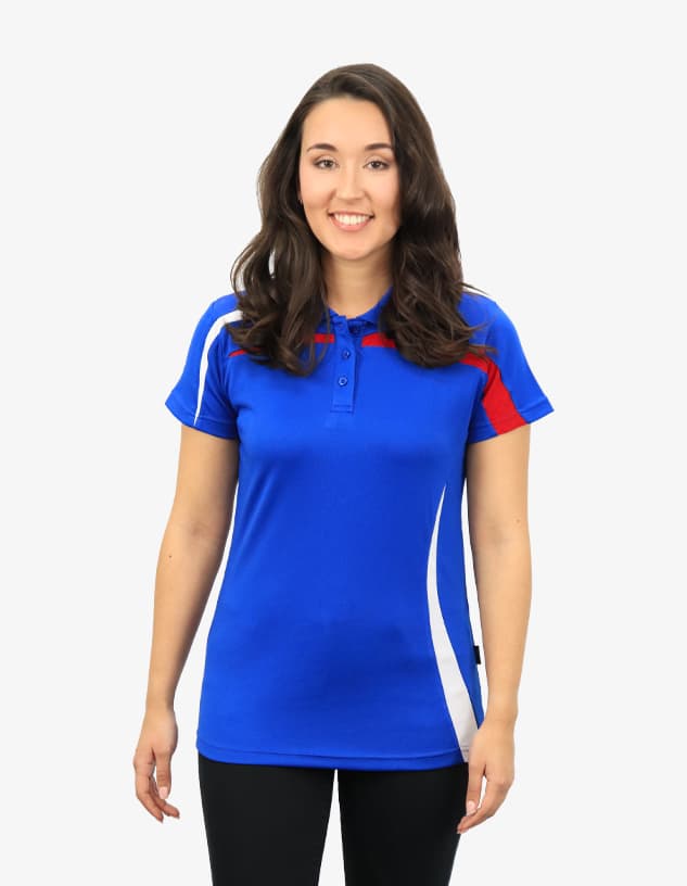 A blue polo shirt with red and white accents, featuring a logo on the chest area.