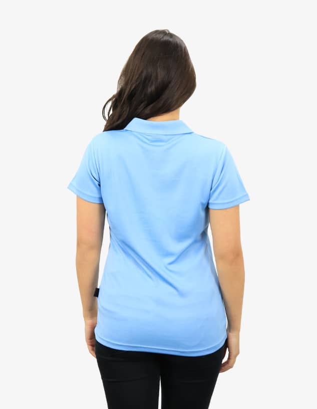 A light blue polo shirt featuring a collar and short sleeves, seen from the back. It has a logo on one side.