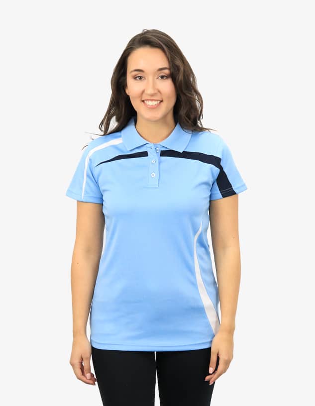 A light blue polo shirt with black and white detailing, featuring a logo on the chest area.