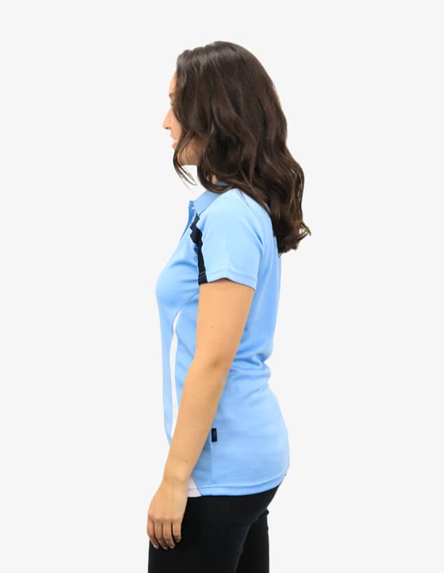 A light blue polo shirt with black accents, featuring a logo on the chest area.