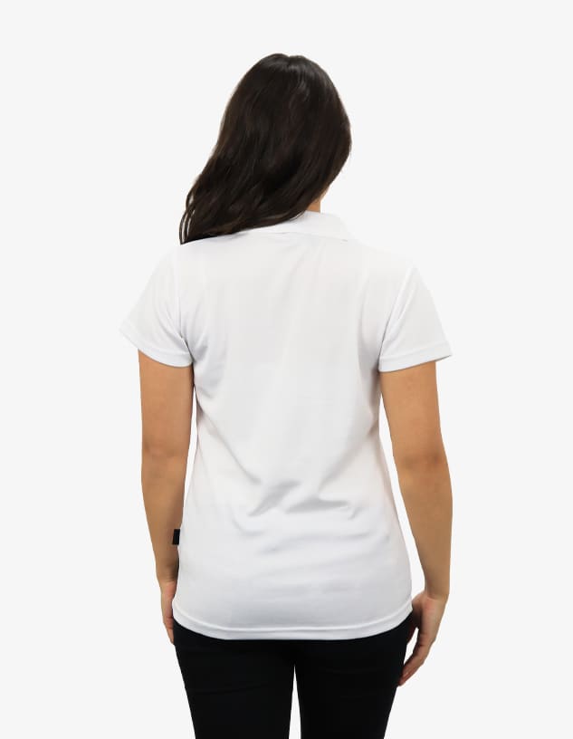 A white polo shirt viewed from the back, featuring short sleeves and a smooth fabric texture.