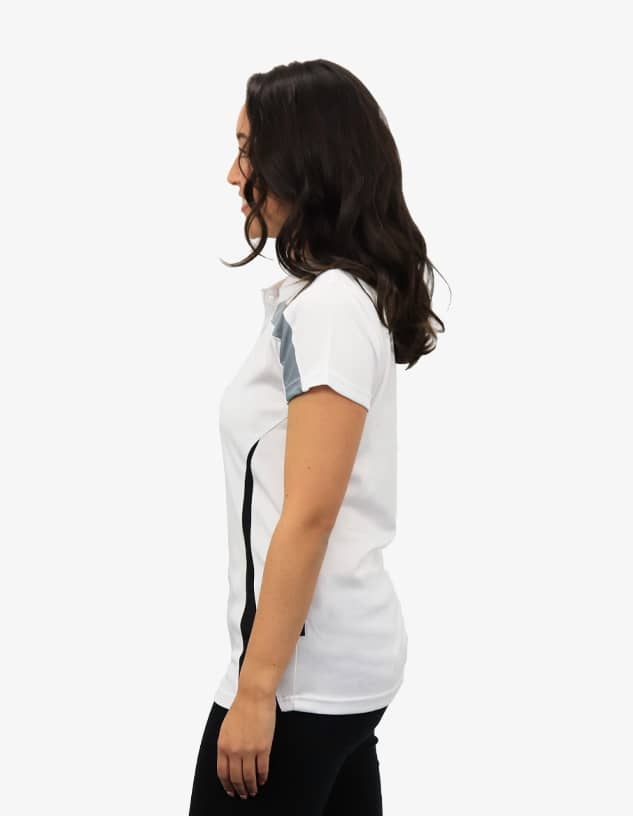 A side view of a white polo shirt featuring grey accents and a logo.