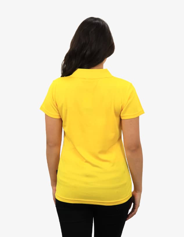 A yellow polo shirt viewed from the back, featuring a slim fit design and a collar. It has a logo on the side.