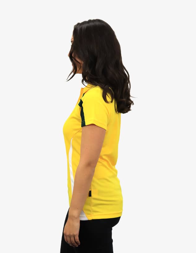 A yellow polo shirt with black and white detailing, featuring a logo on the front.