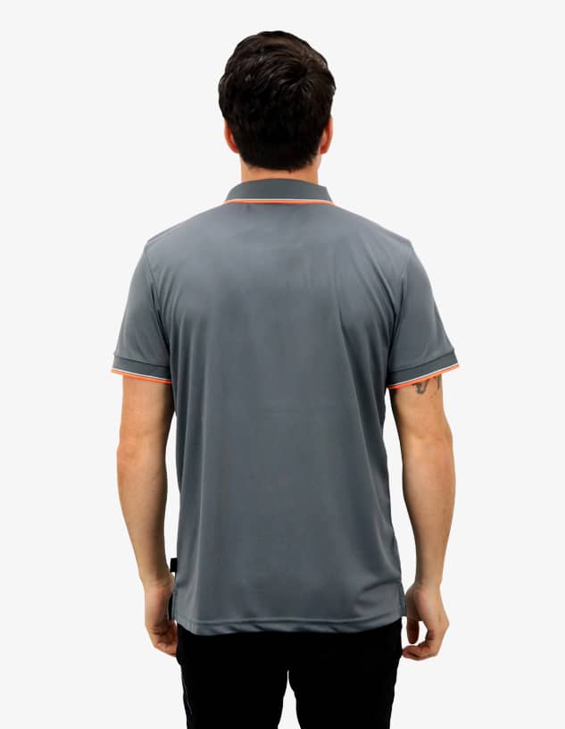 A grey polo shirt with contrasting orange collar and sleeve accents, featuring a logo on the side.