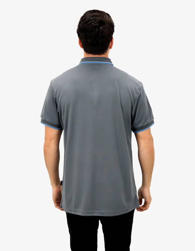 A grey polo shirt featuring blue accents, viewed from the back, with a logo displayed.