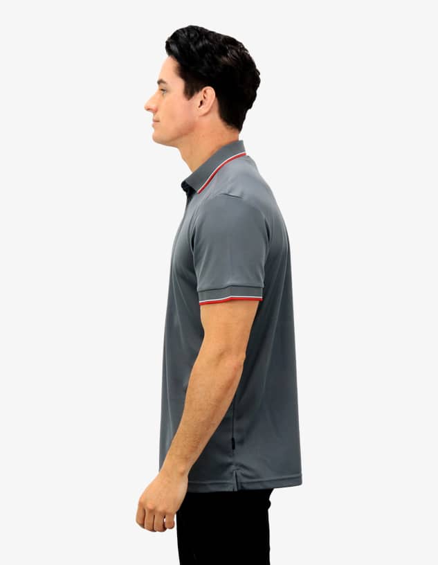 A grey polo shirt with red accents, featuring a collar and short sleeves. It has a logo on the front.