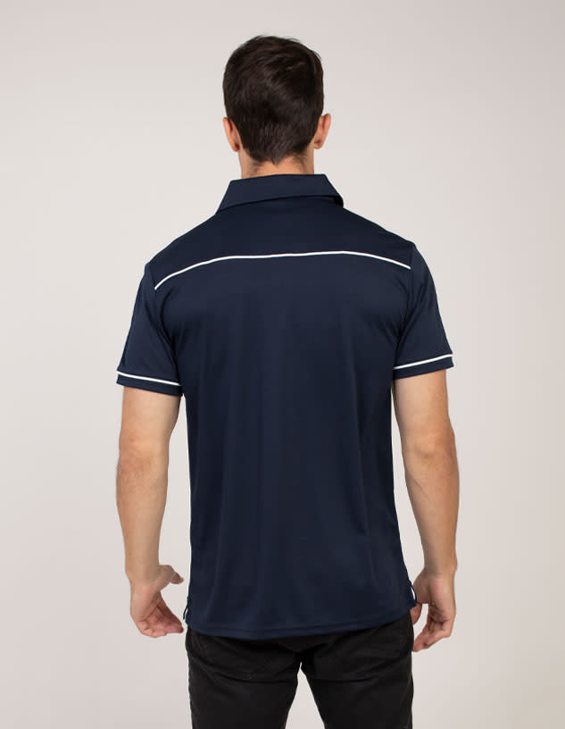 A navy blue polo shirt featuring contrast piping and a logo on the back.