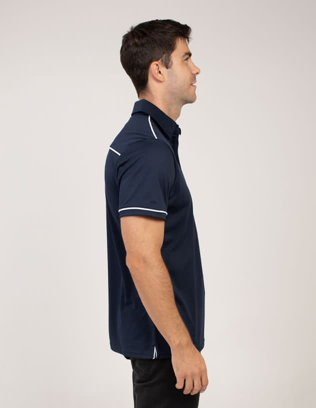 A navy polo shirt with white detailing, featuring a side view of a model wearing it. It has a branding logo.