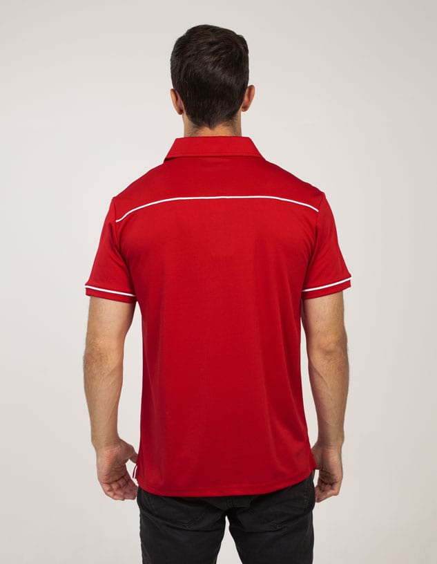 A red polo shirt featuring a white trim on the shoulders and a logo on the back.