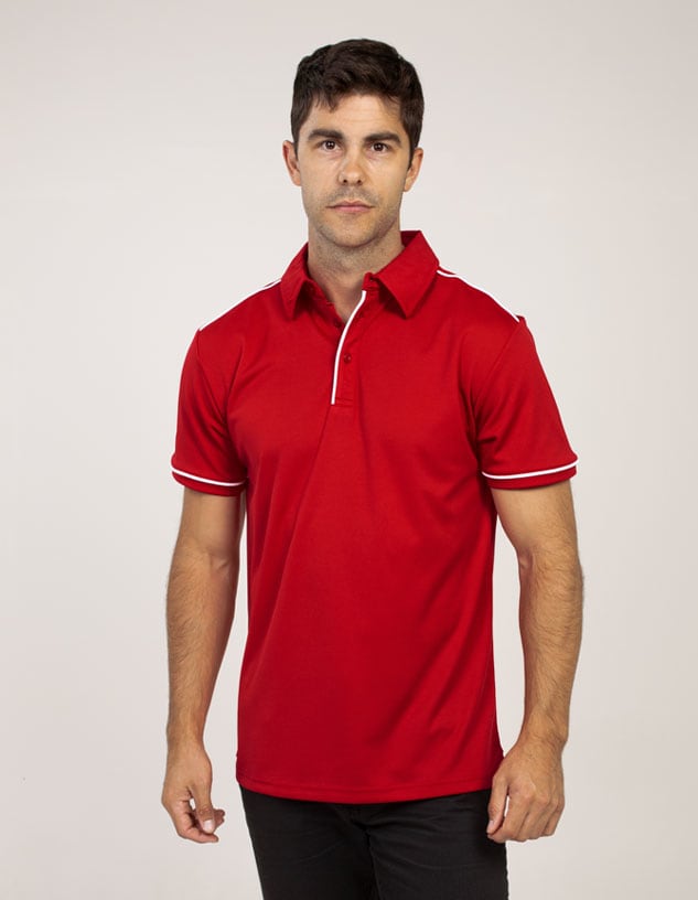 A red polo shirt with white accents, featuring a collar and a branded logo.