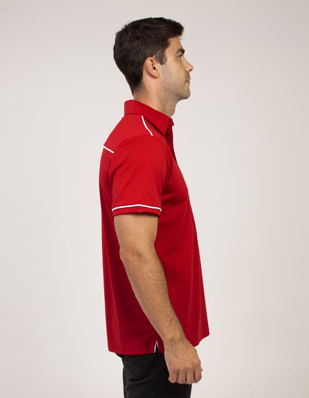 A red polo shirt with white accents, featuring a collar and short sleeves, displayed from the side.