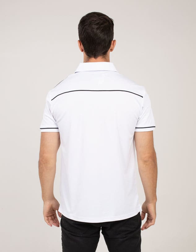 A white polo shirt featuring a black trim and a logo on the back.