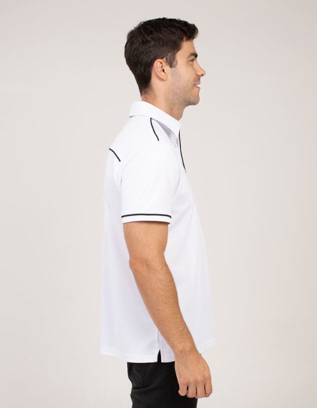 A white polo shirt with black accents, featuring a collar and short sleeves, displayed on a model.