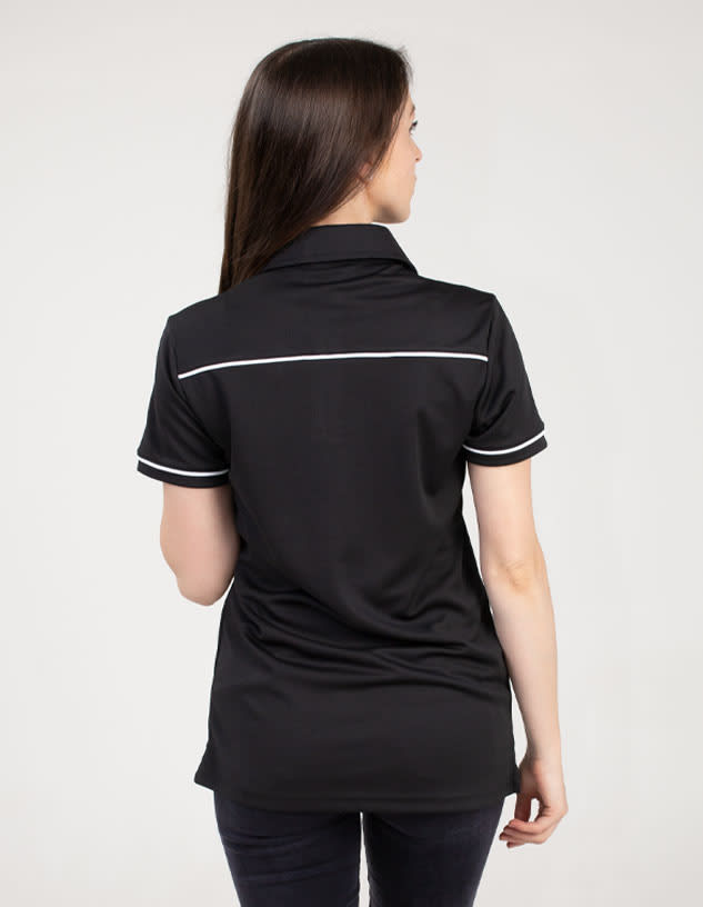 A black polo shirt with white piping details, featuring a logo on the side.