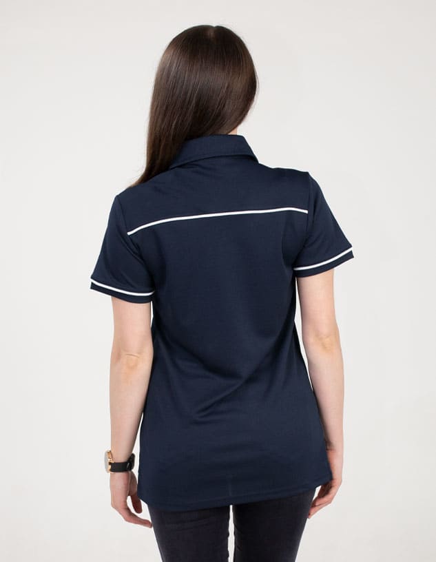A navy polo shirt with white detailing and a logo on the collar. The view is from the back.
