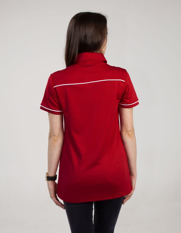 A red polo shirt with white piping, featuring a collar and short sleeves, displayed from the back.
